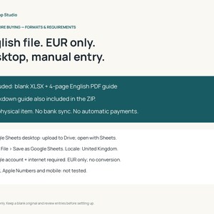 K&ouml;nnte beinhalten: Informationsgrafik f&uuml;r ein digitales Produkt von UsefulLoop Studio. Der Text lautet: English file. EUR only. Desktop, manual entry. Included: blank XLSX + 4-page English PDF guide. Markdown guide included. No physical item.