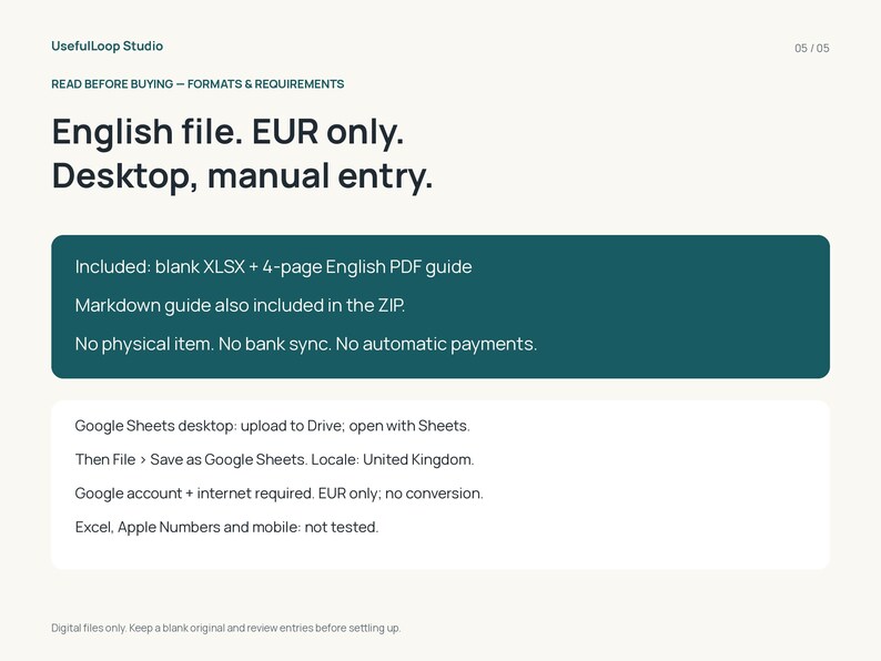 K&ouml;nnte beinhalten: Informationsgrafik f&uuml;r ein digitales Produkt von UsefulLoop Studio. Der Text lautet: English file. EUR only. Desktop, manual entry. Included: blank XLSX + 4-page English PDF guide. Markdown guide included. No physical item.
