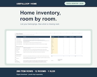 Home Inventory Spreadsheet for Excel | Room-by-Room Household Item & Receipt Reference Tracker