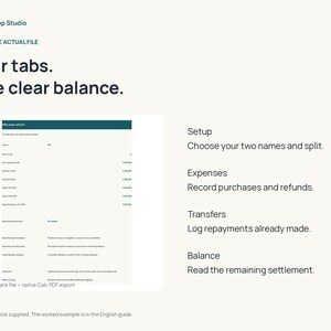K&ouml;nnte beinhalten: Ein digitales Dokument mit dem Titel UsefulLoop Studio und dem Text Four tabs. One clear balance. Es zeigt eine Tabellenkalkulationsoberfl&auml;che mit Abschnitten f&uuml;r Setup, Expenses, Transfers und Balance zur detaillierten Finanzverfolgung.