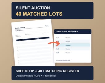 Silent Auction Bid Sheets & Checkout Register | 40 Numbered Lots, A4/US Letter PDF + Excel