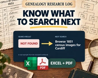 Genealogy Research Log Spreadsheet, Source & Evidence Tracker, Next Search Planner