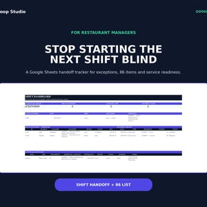 May include: A digital product display for UsefulLoop Studio featuring a Google Sheets shift handoff tracker. The text reads: STOP STARTING THE NEXT SHIFT BLIND. A Google Sheets handoff tracker for exceptions, 86 items and service readiness.