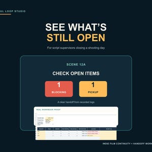 May include: A digital workbook interface titled SEE WHAT'S STILL OPEN for script supervisors. It features a dark background with a central panel displaying SCENE 12A, CHECK OPEN ITEMS, one blocking, one pickup, and a table labeled REAL WORKBOOK PROOF.