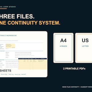 May include: A digital continuity and handoff workbook for indie film production. The dark background features the text THREE FILES. ONE CONTINUITY SYSTEM. It displays an editable workbook with 5 sheets, plus two printable PDFs in A4 and US Letter sizes.