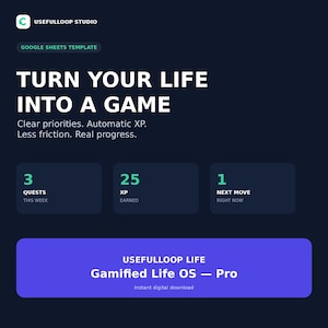 Peut inclure: Un modèle Google Sheets numérique bleu foncé intitulé Turn Your Life Into A Game par Usefulloop Studio. Il présente des sections pour 3 Quests, 25 XP et 1 Next Move, avec un bouton violet marqué Usefulloop Life Gamified Life OS Pro.