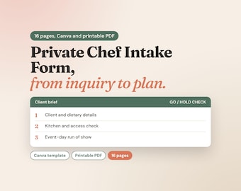 Può includere: Un modulo di intake per chef privato di 16 pagine in formato Canva e PDF stampabile. Il documento include sezioni per i dettagli del cliente e della dieta, il controllo della cucina e l'accesso, e il programma del giorno dell'evento.