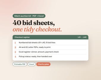 Può includere: Un kit digitale per aste silenziose con 40 fogli di offerta e un registro di cassa. Il testo recita: Silent auction kit, 40 bid sheets, one tidy checkout, Checkout register L01-L40, Numbered bid sheets, A4 and US Letter PDFs, Excel register, Pickup status.