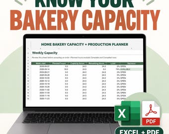 Home Bakery Production Planner Spreadsheet: Capacity, Orders, Tasks & Shopping List