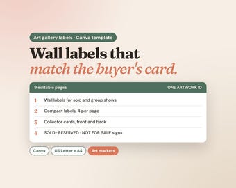 Può includere: Un modello digitale Canva per etichette da galleria d'arte con 9 pagine modificabili. Il testo include: Art gallery labels, Wall labels that match the buyer's card, 9 editable pages, ONE ARTWORK ID, ed elenchi per mostre, schede e cartelli.