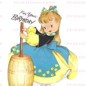 MENINA ANTIQUADA Vintage com cartão comemorativo de aniversário Churn Imagens Download digital 2 jpg 300 e 600 dpi - Arte adorável