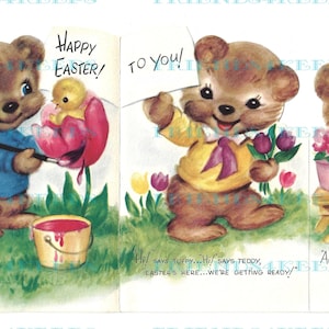 INSTANT DOWNLOAD vintage Tri-Fold Teddy Bear Easter Greeting Card Illustrated by Marjorie Cooper--2 jpg files 300 & 600 dpi--Print Cut Fold