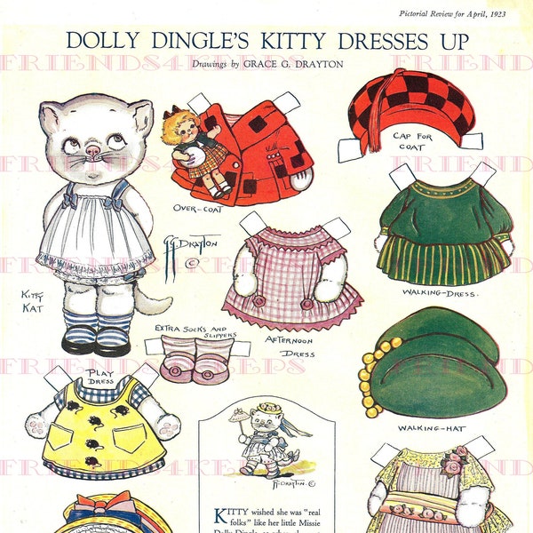 Dolly Dingle's KITTY DRESSES UP Kitten Cat Vintage Paper Doll Digital Download 2 jpg 300 & 600 dpi Grace G. Drayton, February 1923