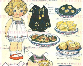 Dolly Dingle's Friend Helps MOTHER PREPARE LUNCH Vintage Paper Doll Digital Download 2 jpg 300 dpi and 600 dpi, Grace G. Drayton, 1923