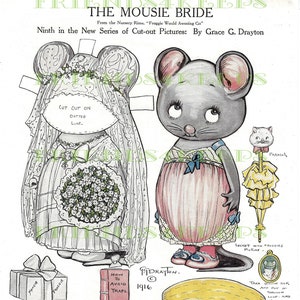 LA NOVIA MOUSIE Dolly Dingle Muñeca de papel vintage Descarga digital 300 y 600 dpi Grace G. Drayton, Pictorial Review Magazine noviembre de 1916
