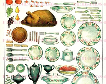 May include: A vintage illustration of a Christmas dinner for dolls, featuring a turkey, pie, plates, cups, and other festive food items. The illustration is in a colorful, cartoon style.