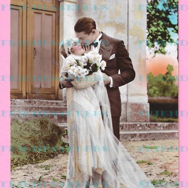 Printable Art Deco BRIDE AND GROOM Embracing Outside the Church Digital Download--1 jpg 600 dpi--Lovely Wedding Couple in Vintage Fashion!