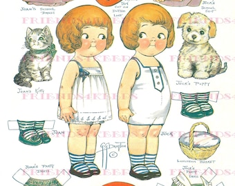 May include: A vintage paper doll set featuring two children, Joan and Jock, with their pets. The dolls are dressed in school uniforms and party outfits. The set includes accessories like hats, shoes, and a lunch basket. The dolls are ready to be cut out and played with.