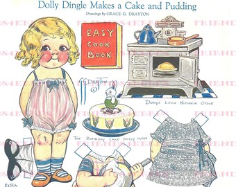 Dolly Dingle MAKES a CAKE and PUDDING Vintage Baker Printable Paper Doll Digital Download 2 jpg 300 & 600 dpi Grace G. Drayton, 1922