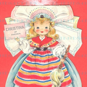 MENINA DA SUÉCIA Fantasia folclórica sueca para impressão vintage frente e verso cartão comemorativo download digital - 4 arquivos jpg 300 dpi e 600 dpi - década de 1940