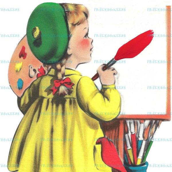 Vintage GIRL ARTIST Printable Greeting Card Front Image Digital Downloads--3 jpg 600 dpi Blank and for Birthday--Lovely Mid-Century Artwork!