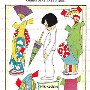 O-SUKI-SAN de JAPÓN Trajes de kimono japoneses Muñeca de papel imprimible vintage Descarga digital instantánea 600 ppp - Revista de juegos para niños de 1937