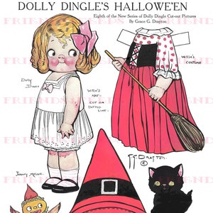 Dolly Dingle&#39;s HALLOWEEN w/Witch Costume and Black Cat Vintage Paper Doll Digital Download 2 jpg 300 & 600 dpi Grace G. Drayton, Oct. 1916