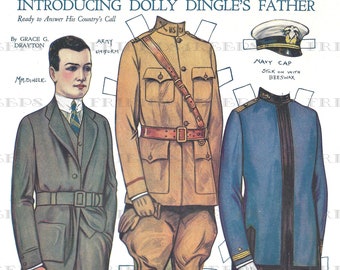 Dolly Dingle's FATHER w/ Army and Navy Uniforms Vintage Paper Doll Digital Downloads jpg files 300 and 600 dpi  Grace G. Drayton, 1918