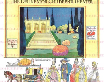 Art Deco CINDERELLA CHILDREN'S THEATRE Imprimible Fairy Tale Paper Doll Descarga digital 2 jpgs 300 y 600 dpi Delineator Magazine, 1918