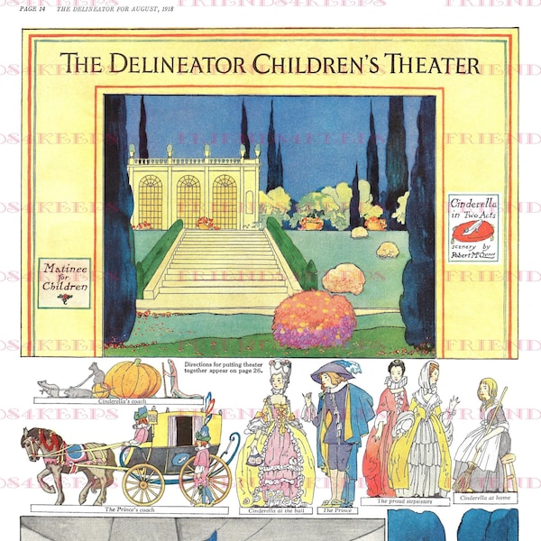 Art Deco CINDERELLA CHILDREN'S THEATER Printable Fairy Tale Paper Doll Digital Download 2 jpgs 300 and 600 dpi Delineator Magazine, 1918