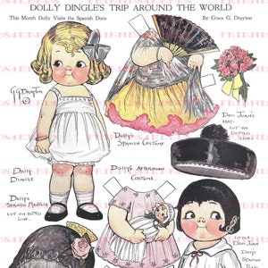 SPANJE Dolly Dingle's wereldreis afdrukbare papieren pop met Spaanse vriend Instant Digital Download 2 jpg 300 & 600 dpi Grace G. Drayton 1917