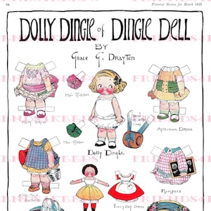 1ère poupée DOLLY DINGLE of Dingle Dell vintage Paper Doll, téléchargement numérique 300 & 600 dpi Grace G. Drayton, Pictorial Review Magazine 1913