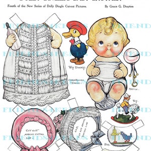IRMÃO BEBÊ de Dolly Dingle para impressão com vestido de batizado e brinquedos para bebê Boneca de papel digital vintage Download instantâneo 300 e 600 dpi, 1916
