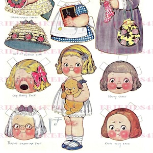 Dolly Dingle’s GOWNS AND FACES--Happy/Cross/Crying/Grandma-vintage Paper Doll Digital Télécharger 2 jpg 300 et 600 dpi Grace G. Drayton, 1923