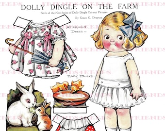 Printable Dolly Dingle ON THE FARM w/Bunnies, Chickens & Kitten Vintage Paper Doll Digital Download 2 jpg 300/600 dpi Grace G. Drayton, 1916
