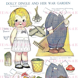 Lote de 4 FARM & GARDEN Dolly Dingle Vintage Paper Doll Downloads digitais 4 arquivos jpeg 300 dpi - animais fofos, plantas, ferramentas de jardim, fantasias