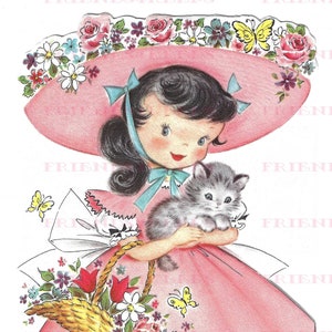 Fille au grand chapeau avec chaton Belle à l'ancienne carte de voeux Image en téléchargement numérique 1 jpg 600 dpi