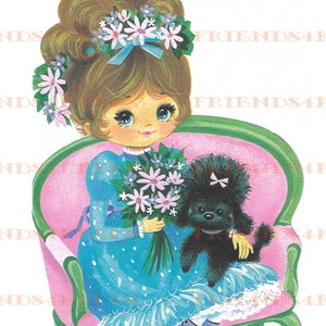 Tarjeta de felicitación imprimible vintage con una CHICA DE OJOS GRANDES y un caniche en una silla, imagen de descarga digital 4 jpg 300 y 600 dpi: ¡hermosa obra de arte de mediados de siglo!