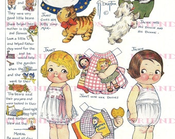 Dolly Dingle&#39;s FRIENDS w/ Pets and Bear Story Vintage Paper Doll Digital Download 2 jpg 300 & 600 dpi by Grace G. Drayton, August 1922