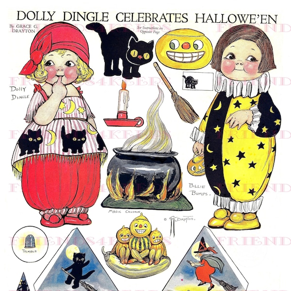 INSTANT DOWNLOAD Dolly Dingle Celebrates Halloween w/Clown & Witch Costumes Vintage Paper Doll 2 jpg 300 / 600 dpi, Grace G. Drayton, 1918