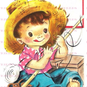 PESCA DE MENINO Vintage com chapéu de palha e vara de pescar imagem de cartão comemorativo para impressão Download digital instantâneo 2 jpg 600 dpi, anos 1940-1950