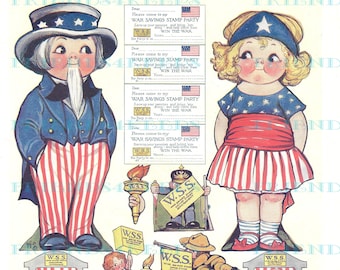 Dolly Dingle UNCLE SAM War Stamp Party 4th of July Vintage Printable Paper Doll Digital Download 300 & 600 dpi Grace G. Drayton,Jan. 1919