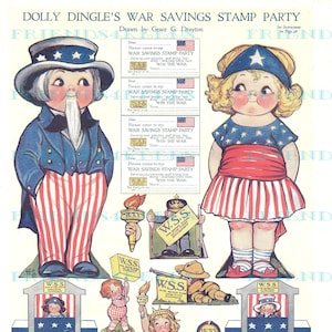 Dolly Dingle, fête du timbre de guerre de l'oncle SAM, 4 juillet, vintage, papier imprimable, poupée, téléchargement numérique, 300 et 600 dpi, Grace G. Drayton, janv. 1919