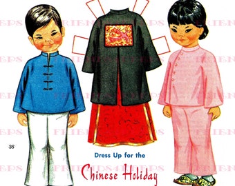 ANO NOVO CHINÊS Encantador vestido para o feriado chinês Bonecos de papel para impressão - Download digital instantâneo - década de 1960
