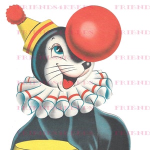SWEET CIRCUS SEAL w / Ball vintage Carte de vœux Image Digital Download 1 fichier jpg 300 dpi & 1 fichier jpg 600 dpi - Adorable œuvre d’art des années 1940