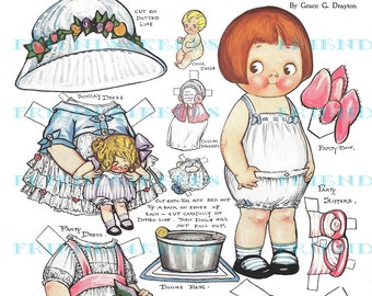 Dolly Dingle&#39;s LITTLE SISTER TOODLES w/ Lovely Dresses Vintage Printable Paper Doll Digital Download 300 and 600 dpi, Grace G. Drayton, 1916