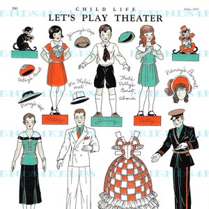 ART DECO « Let’s Play Theater » Printable Paper Doll Stand-Ups Instant Digital Télécharger 300 - 600 dpi--1934 Child Life Magazine
