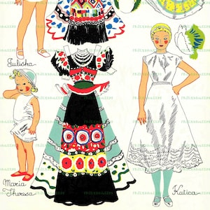 ¡NUEVO! Lote de 5 muñecas de papel vintage de disfraces folclóricos EUROPEOS imprimibles, años 30: Hungría, Alpes, Francia, Holanda, Alemania--5 archivos jpg, 600 dpi