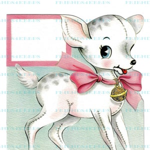 Druckbare Vintage WHITE FAWN / DEER Grußkarte Bild digitaler Download 1 jpg Datei 600 dpi - entzückende Kunst mit leerem Tag für Personalisierung