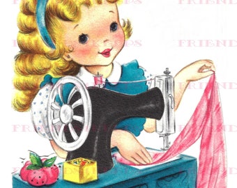 Vintage LITTLE GIRL SEWING on Old-Fashioned Sewing Machine / Dressmaker / Seamstress Greeting Card Image Digital Download 1 jpg 600 dpi